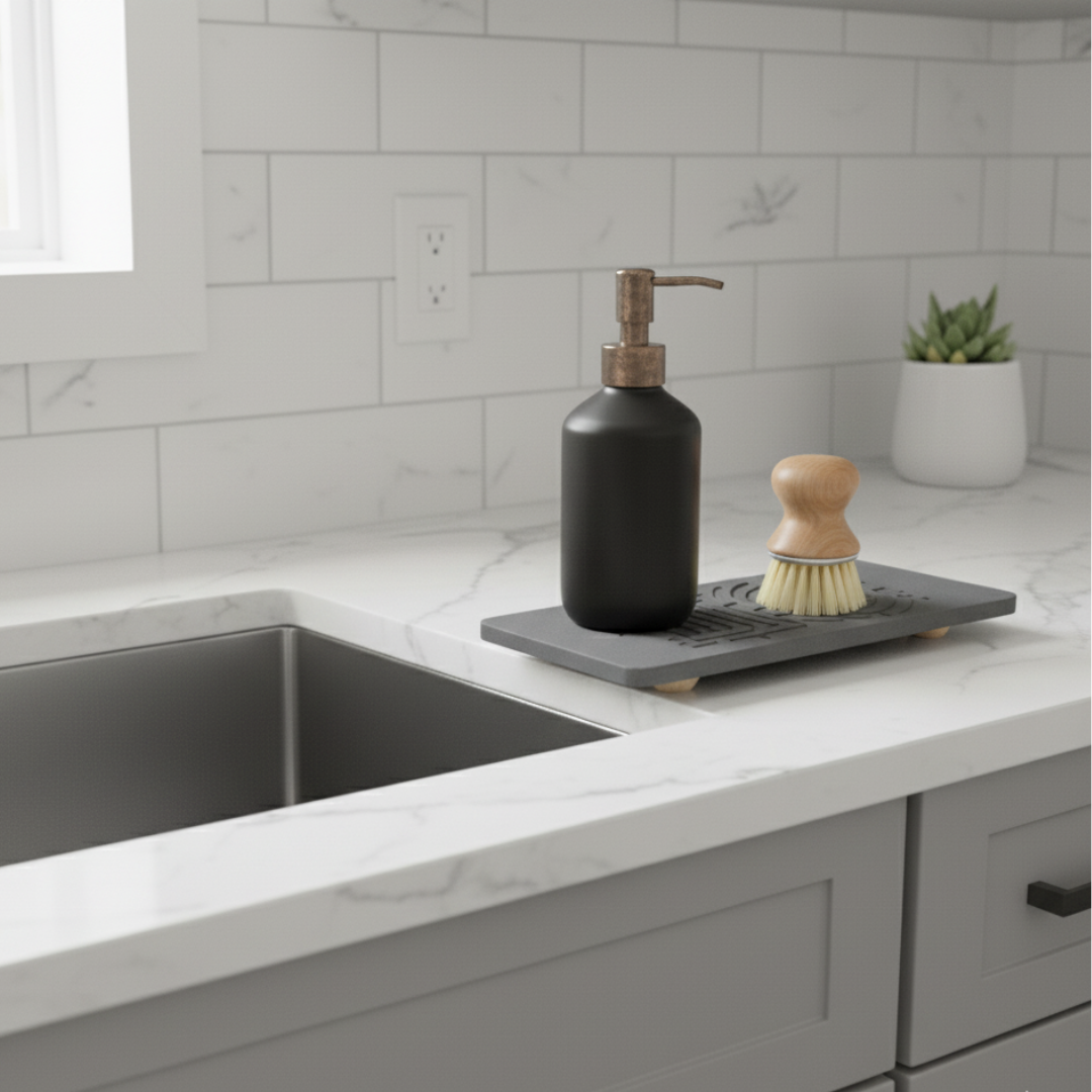 Black soap dispenser and brush on a kitchen counter with a sink and tiled wall in the background. A sleek gray sink organizer holding a dish brush and sponge.