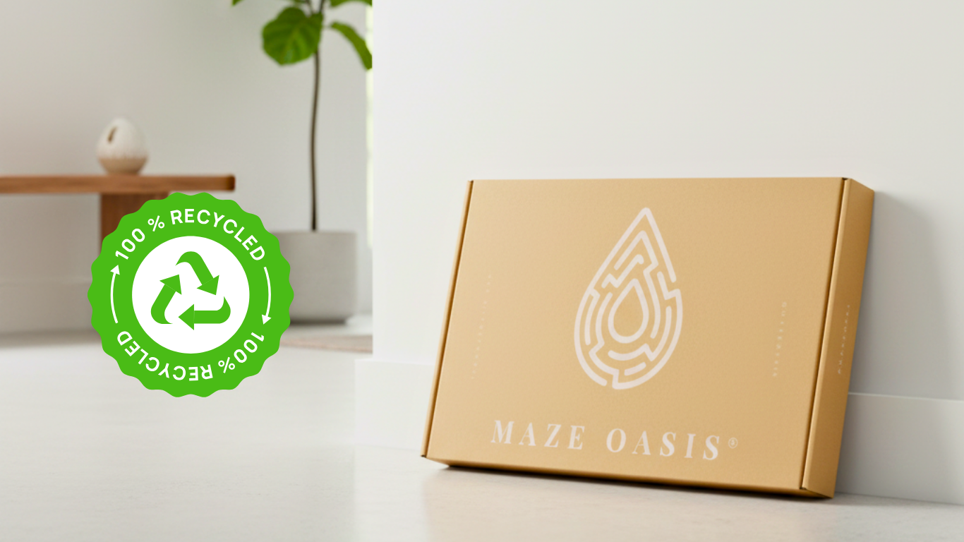 Recycled cardboard box with Maze Oasis branding on a light background
