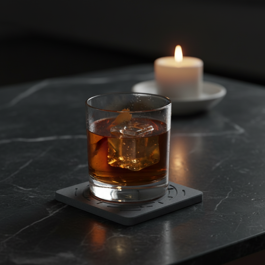 Glass of whiskey with a candle in the background on a dark surface with mold-free coaster