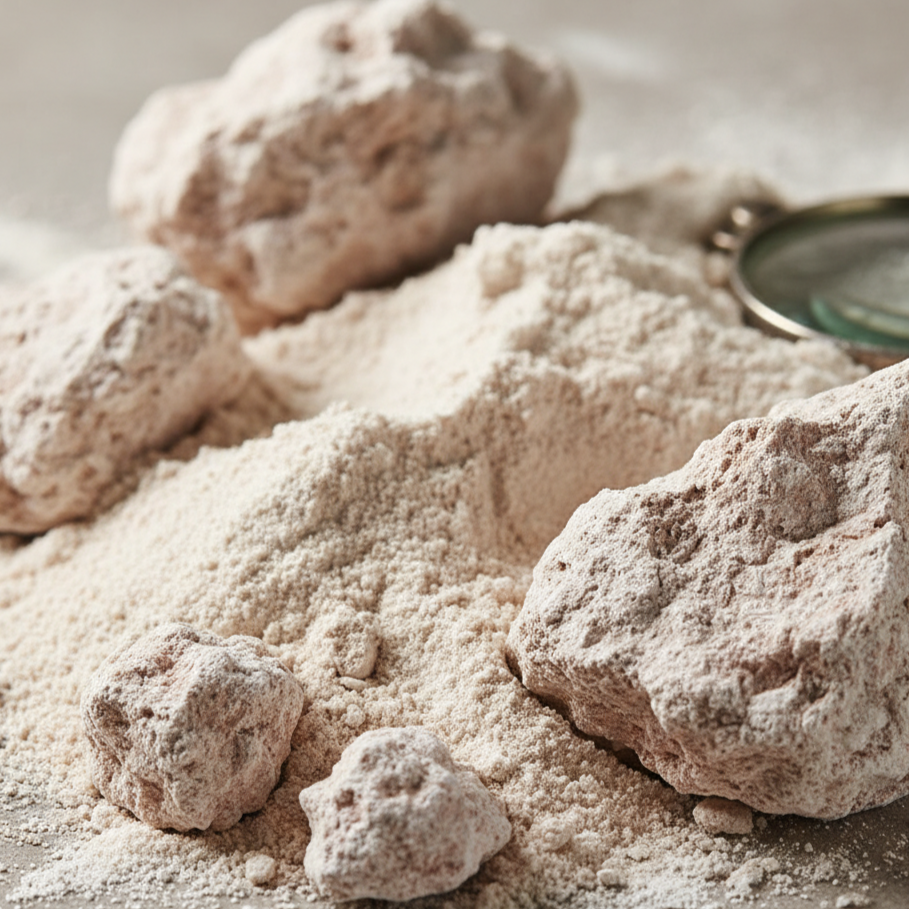 Rock-like cookies dusted with powdered diatomaceous earth on a textured surface.