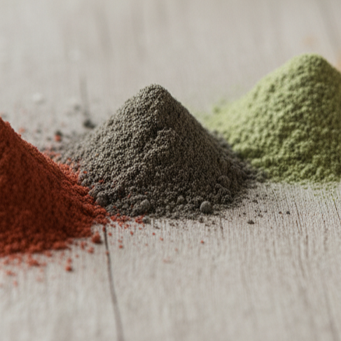 Four piles of different colored powders on a wooden surface with a magnifying glass.