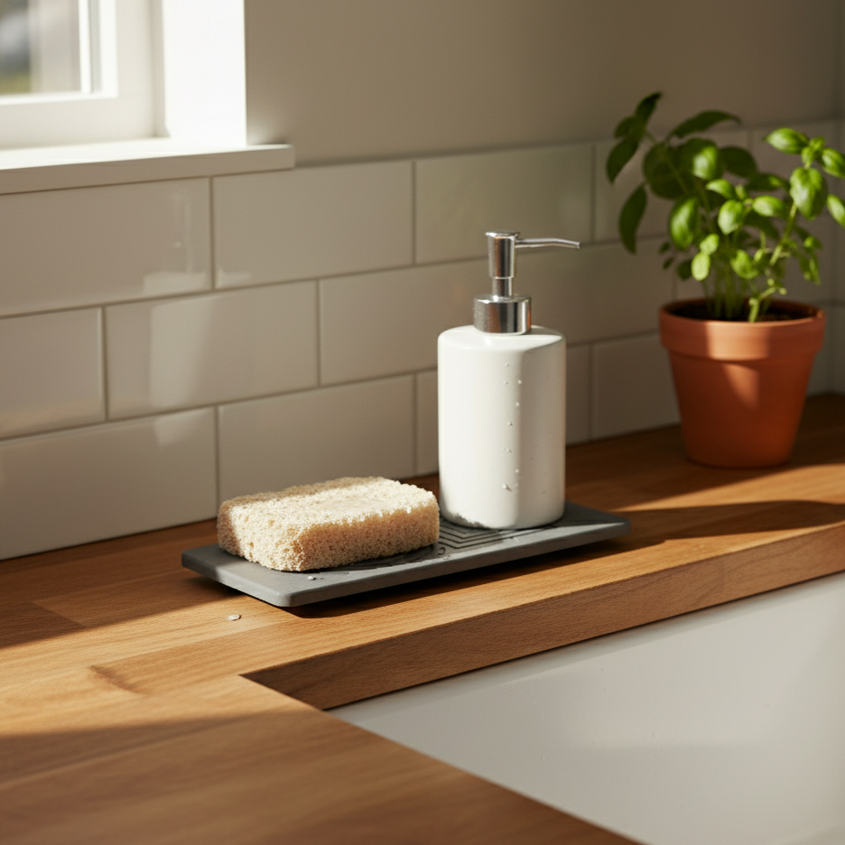 White soap dispenser and brown bar of soap on a gr with a plant in the background.ay stone sink caddy by maze oasis