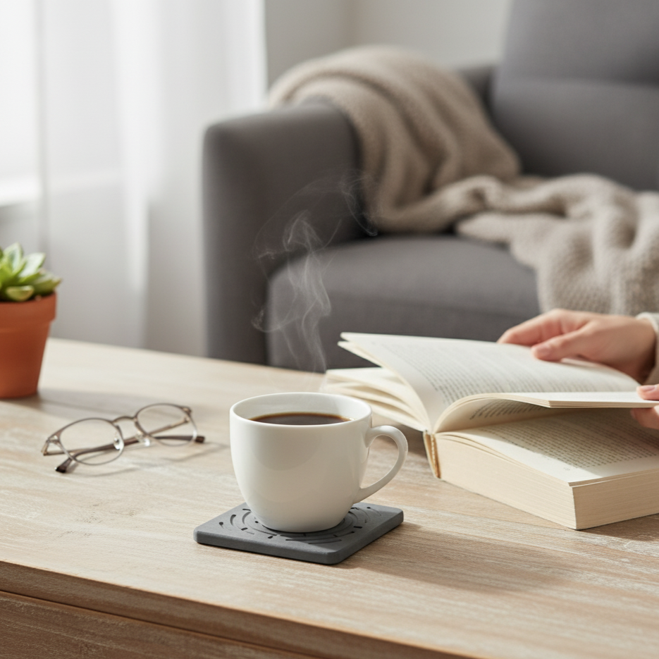 Steaming cup of coffee on a coaster with a book and glasses on a table, cozy living room setting.