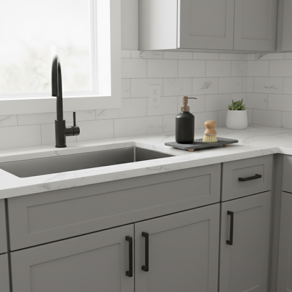 Modern kitchen with gray cabinets, white countertop, and black fixtures with maze oasis aura sink caddy made from diatomite stone