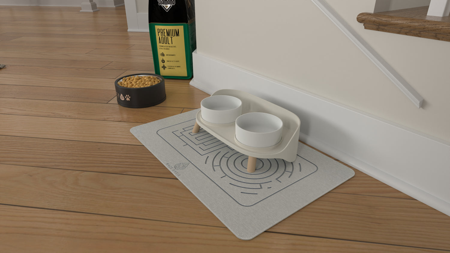 A hygienic, mold-resistant stone mat protecting a hardwood floor from pet spills.