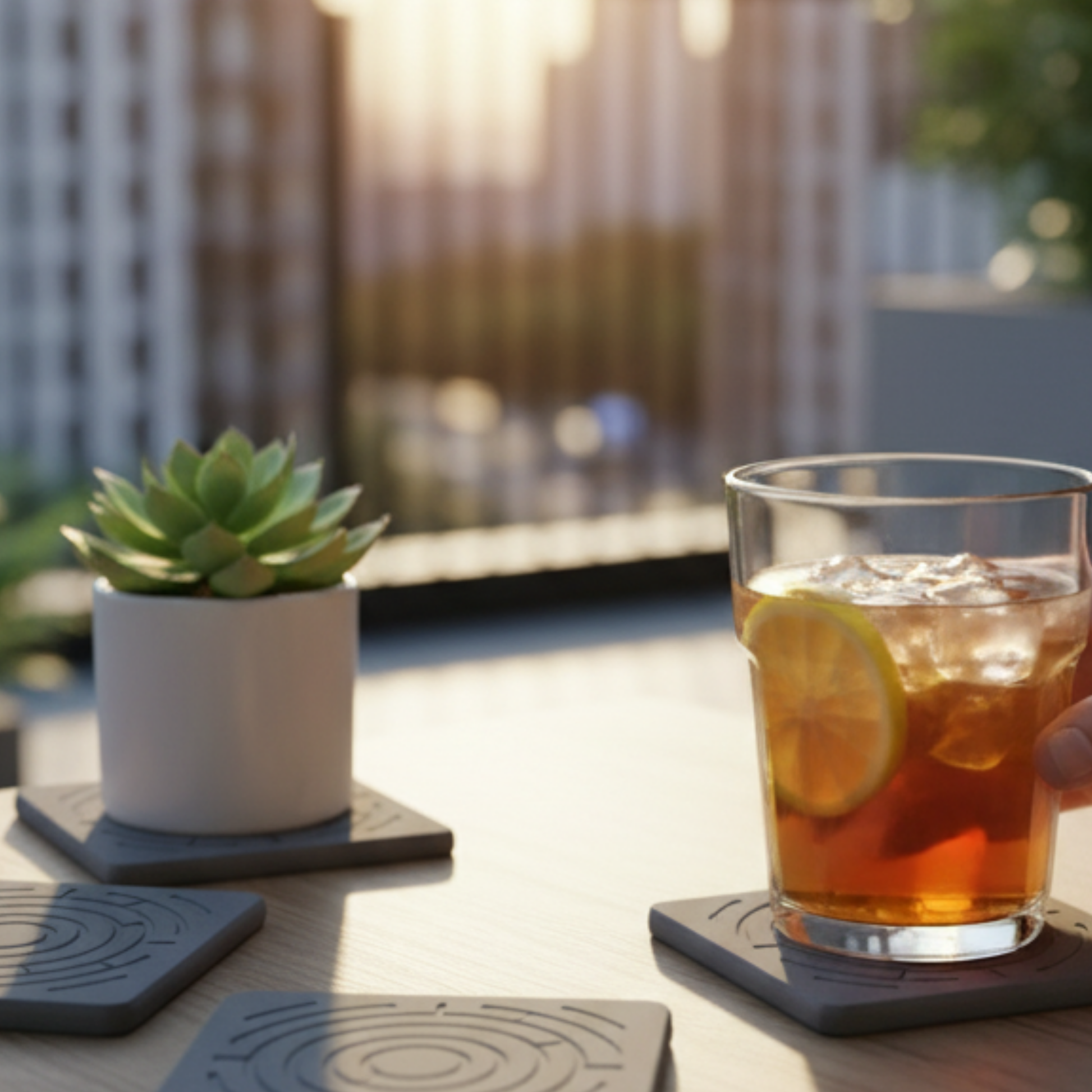 Glass of iced tea with a lemon slice on a coaster, next to a potted succulent on a balcony show casing varsitality of stone coasters by maze oasis .A sweating glass of iced tea on a quick-drying diatomite coaster.

