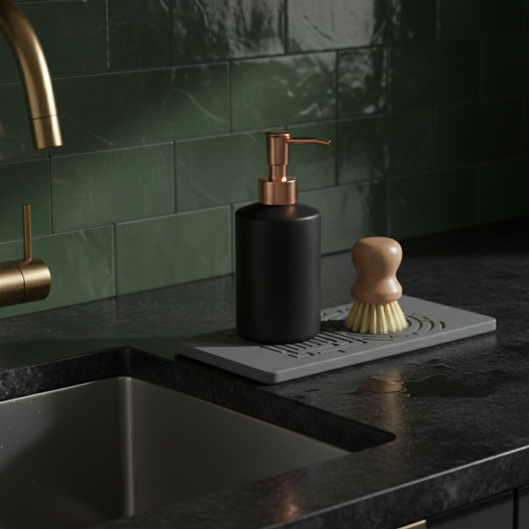 Black soap dispenser and brush on a kitchen counter with green tiles in the background