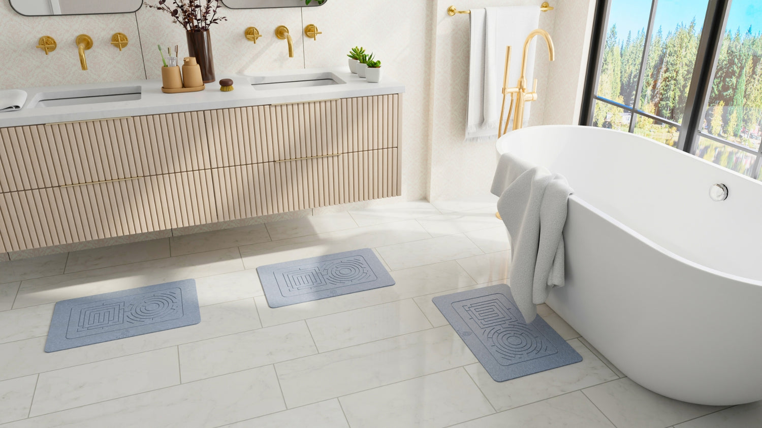 Modern bathroom with freestanding bathtub, sink, and quick-dry bath mat.