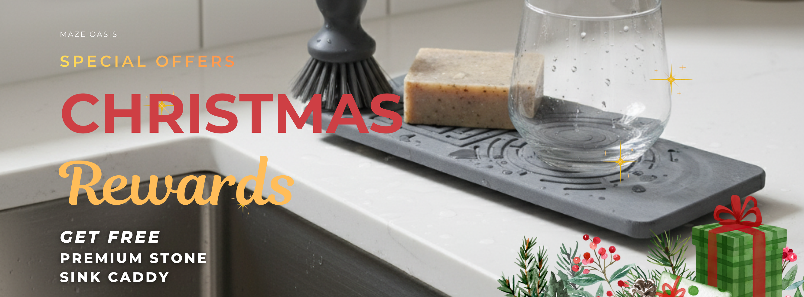 Promotional image with a sink, soap bar, and glass on a countertop, featuring Christmas rewards text.