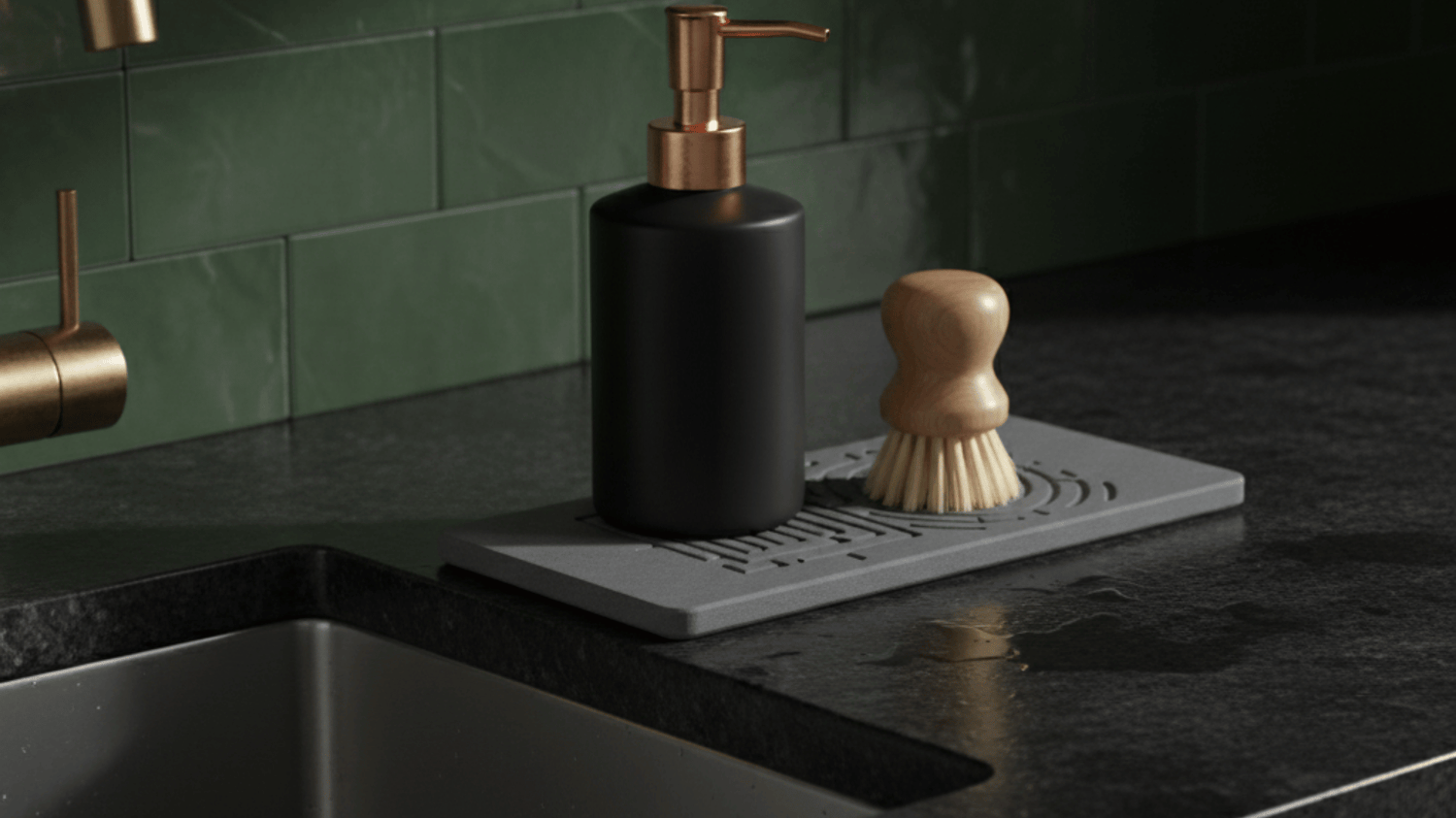Black soap dispenser and brush on a kitchen sink with green tiles in the background