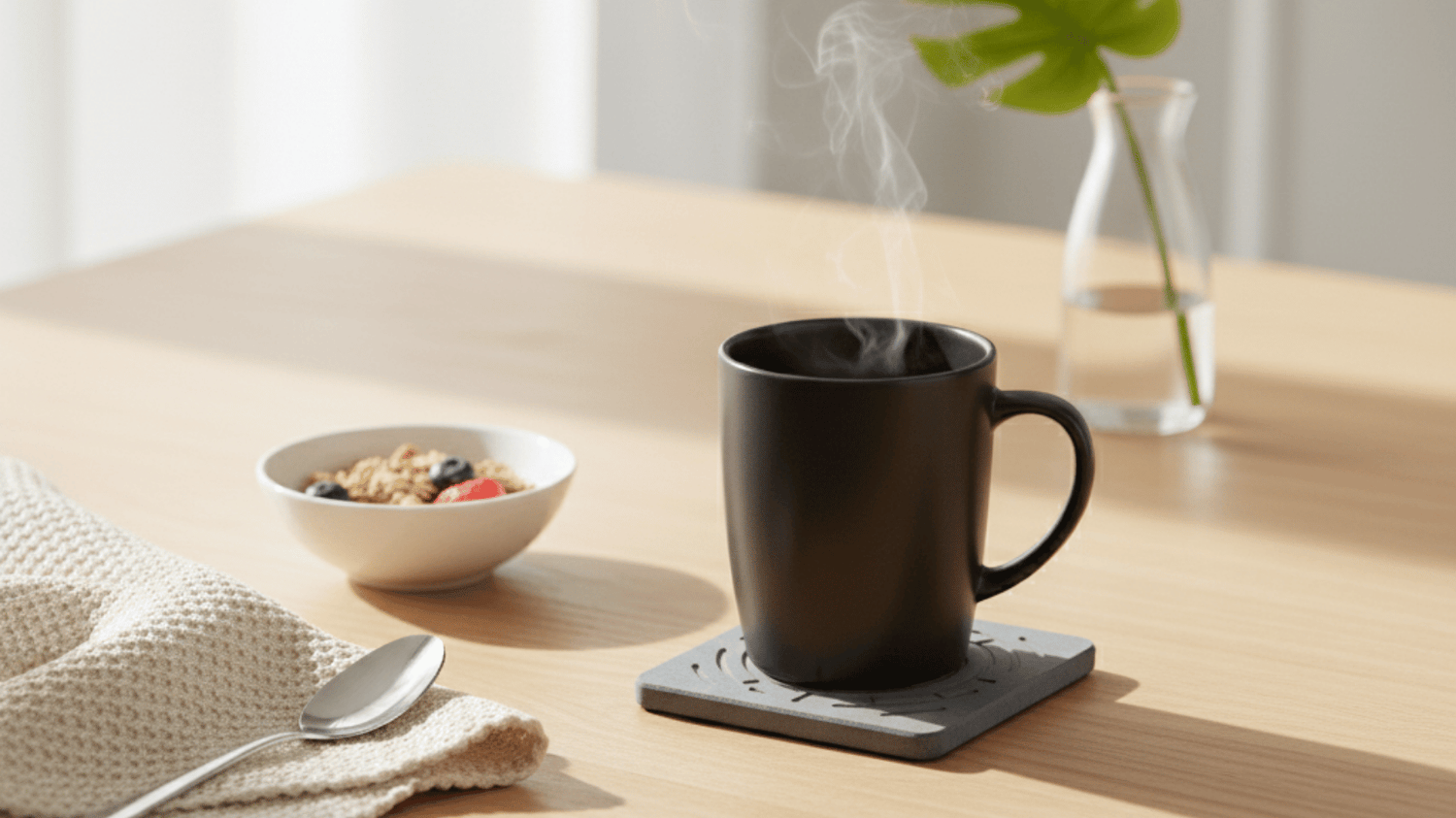 Black mug on a coaster with steam, bowl of cereal, and plant on a wooden table.