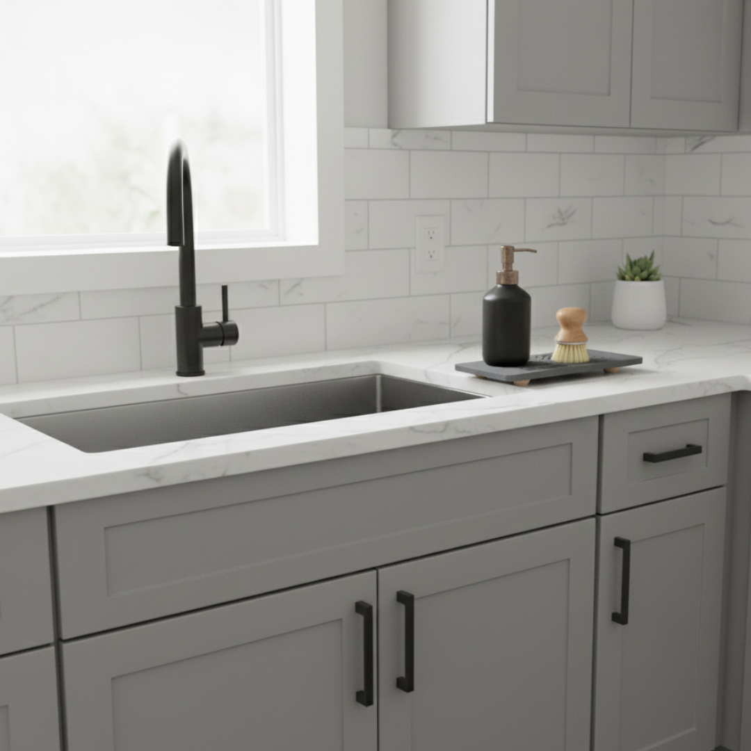 Modern kitchen with gray cabinets, white countertop, and black fixtures. The self-draining design of a stone sink caddy keeping sponges hygienic.

