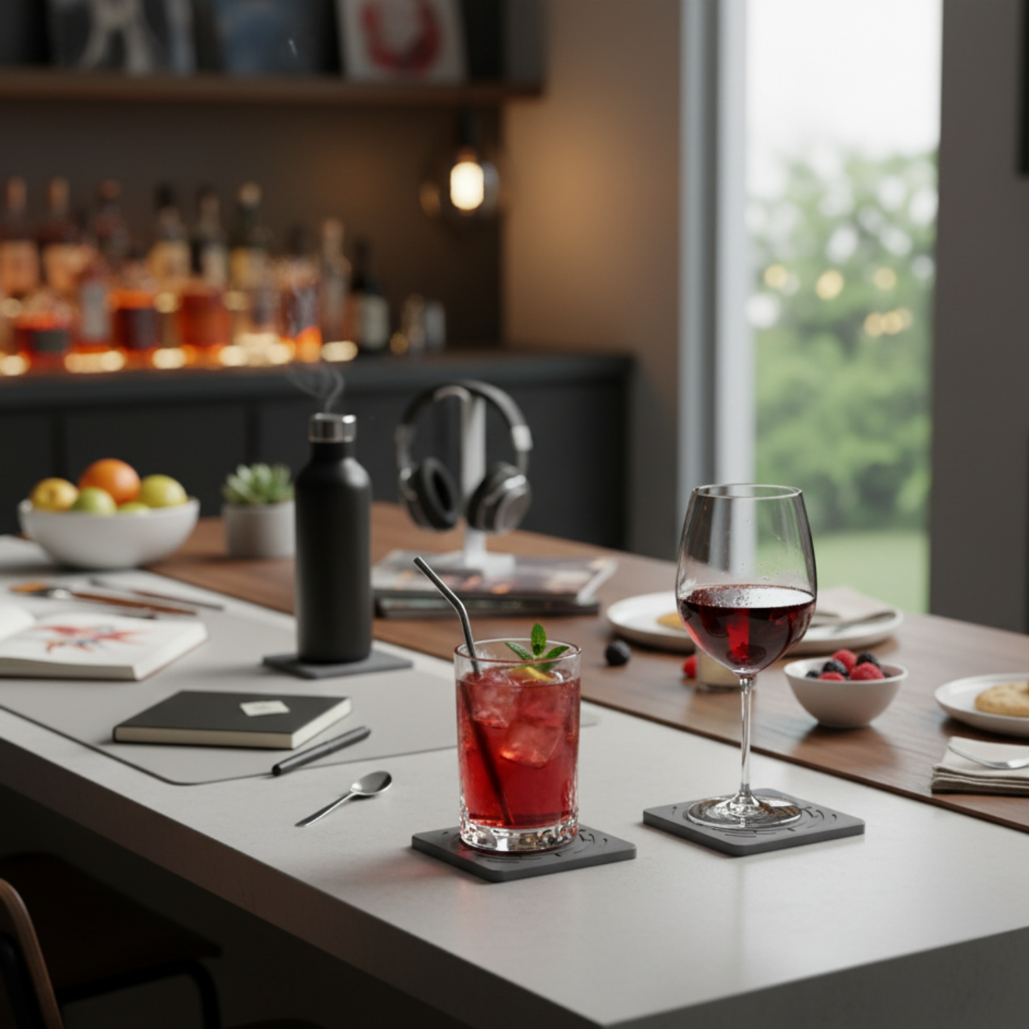 Dining table with a glass of red wine and a cocktail, set against a blurred bar background. Protective cork backing on a diatomaceous earth drink coaster.

.