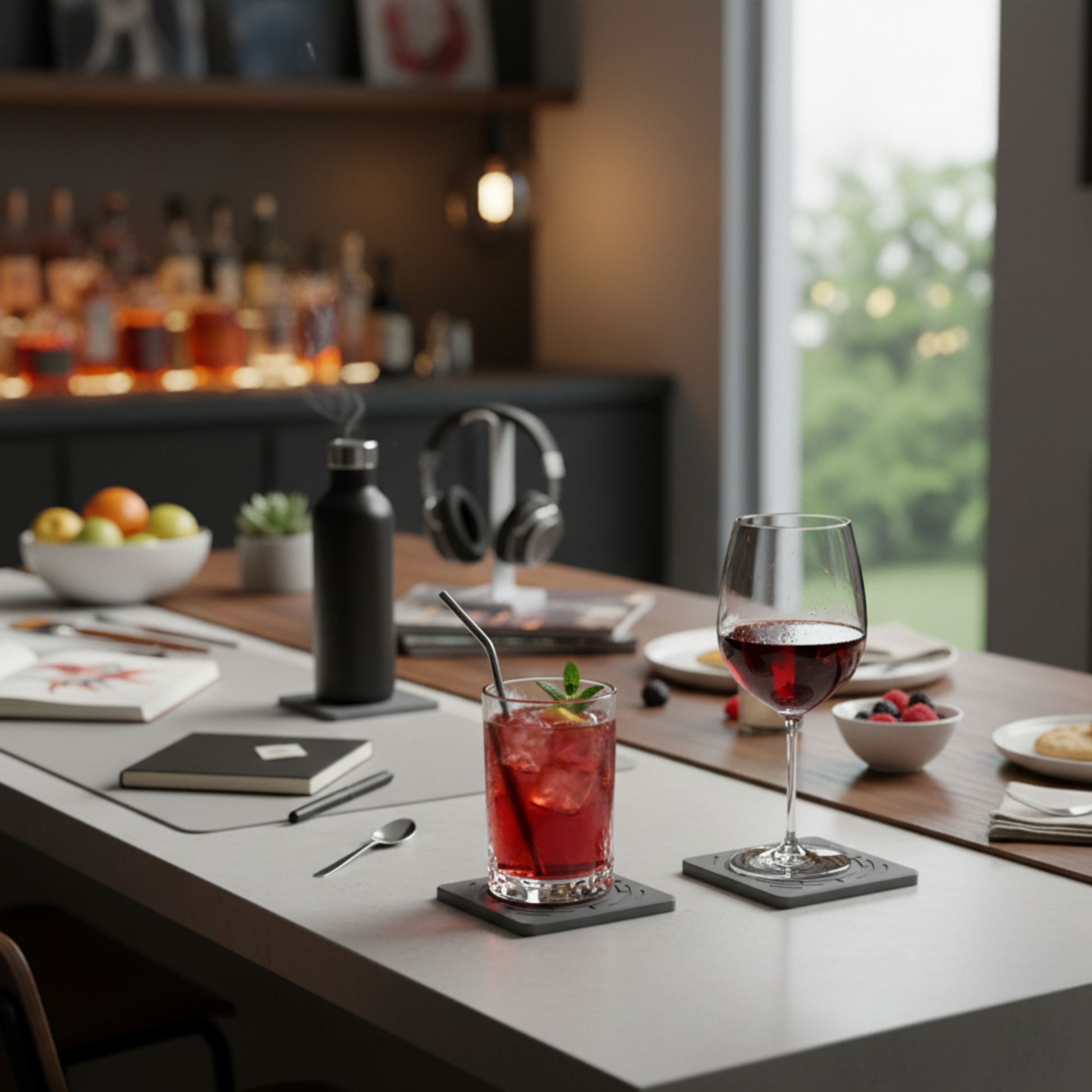 Dining table with a glass of red wine and a cocktail, set against a blurred bar background. Protective cork backing on a diatomaceous earth drink coaster.

.