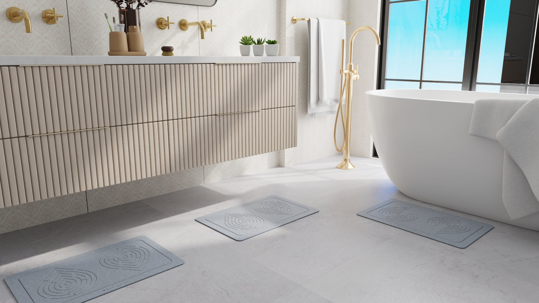 Minimalist stone bath mat in slate gray Ash on a white tile bathroom floor.
