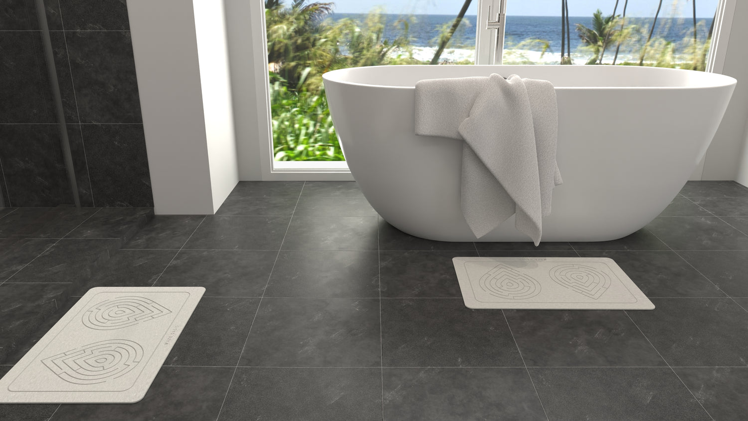 A luxury bathroom featuring a sterling diatomite shower mat.