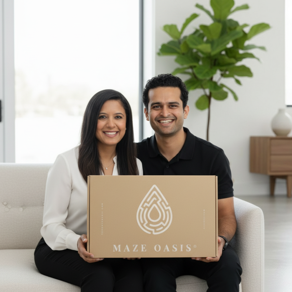 Two people sitting on a couch holding a Maze Oasis box in a modern living room.