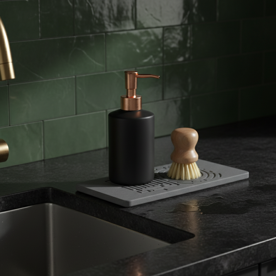 Black soap dispenser and wooden brush on a kitchen counter with green tiled wall  self-draining sponge holder