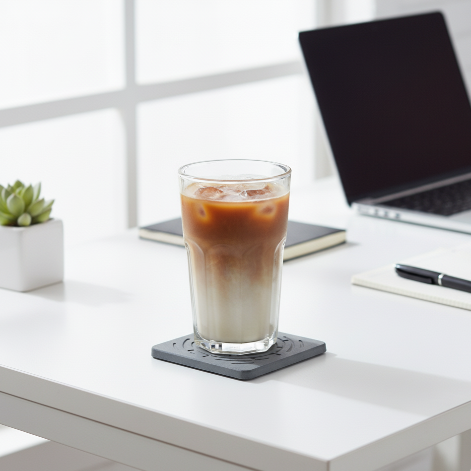 Glass of iced coffee on a coaster with a laptop and desk in the background