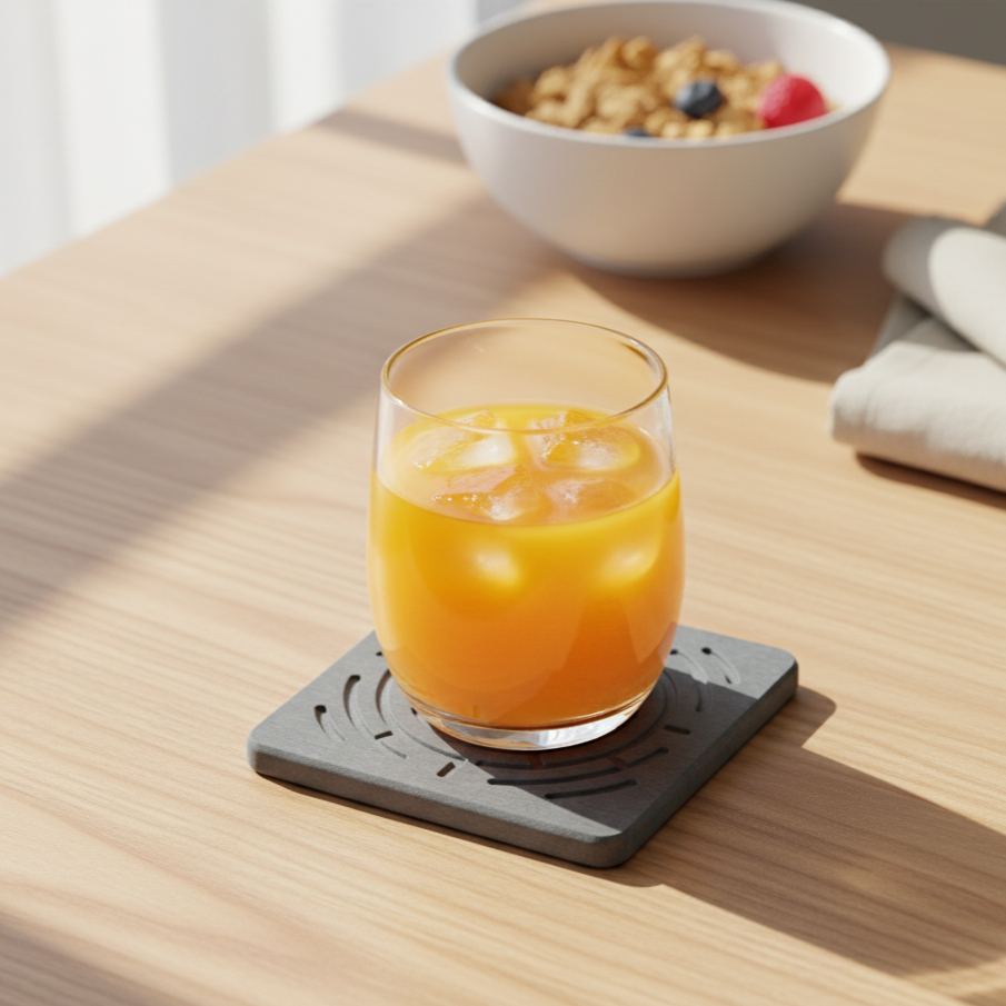 Glass of orange juice on a absorbent stone coaster with a bowl of cereal in the background
