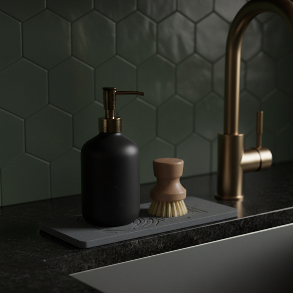 Modern kitchen sink setup with black soap dispenser, wooden scrubber, and gold faucet against a green tiled wall show casing sink caddy