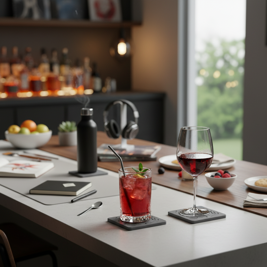 Dining table with a glass of red wine and a cocktail, set against a blurred bar background with diatomacoues earth stone coasters
