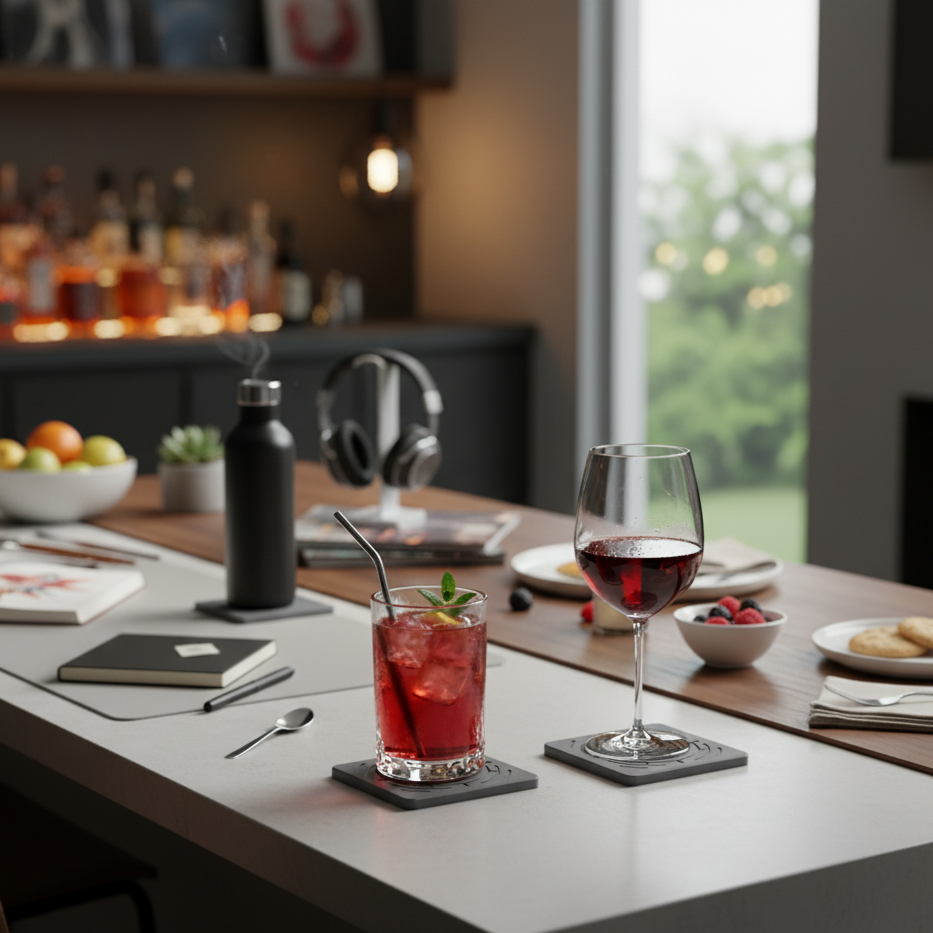 Dining table with a glass of red wine and a cocktail, set against a blurred bar background with coasters that don't stick