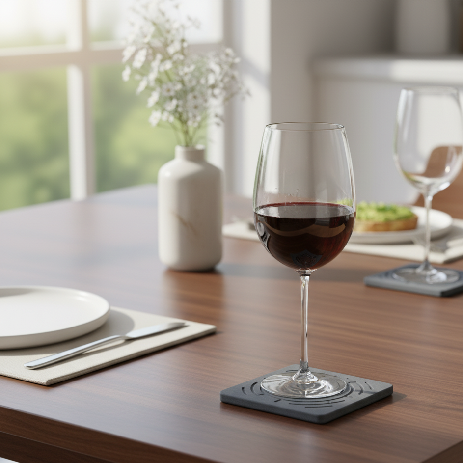 Wine glass with red wine on a stone coaster on a wooden table with a blurred background
