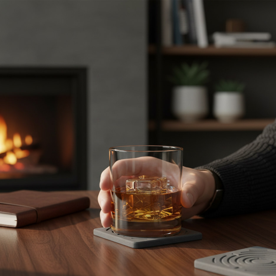 Hand holding a glass of whiskey on a coaster with a fireplace in the background