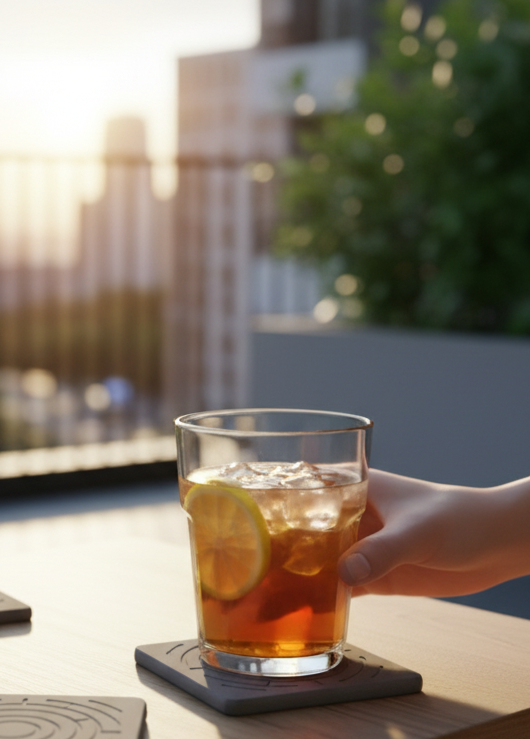 Glass of iced tea with a lemon wedge held by a hand on a rooftop with cityscape in the background