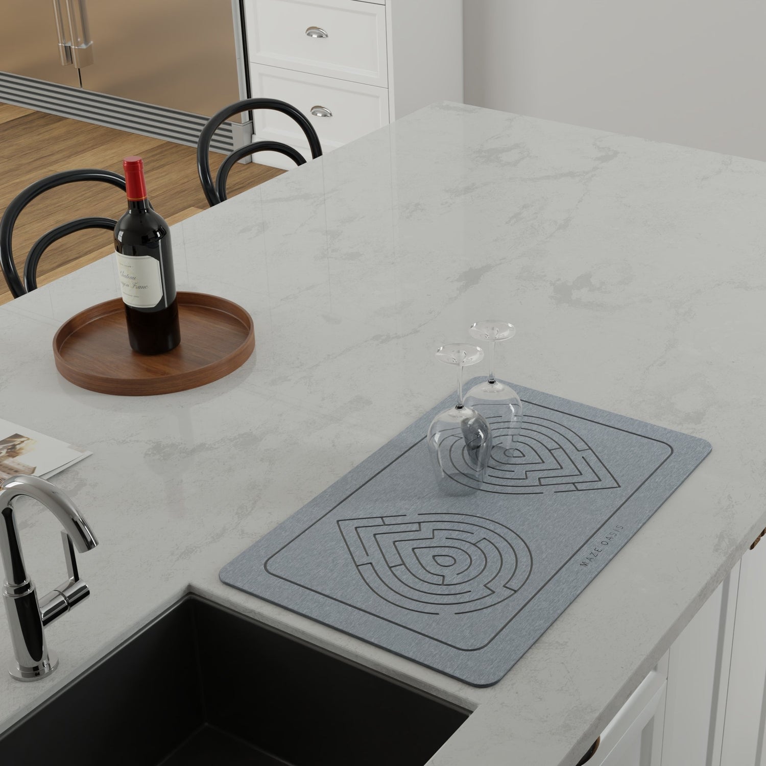 Gray quick-drying with maze design on a kitchen counter.