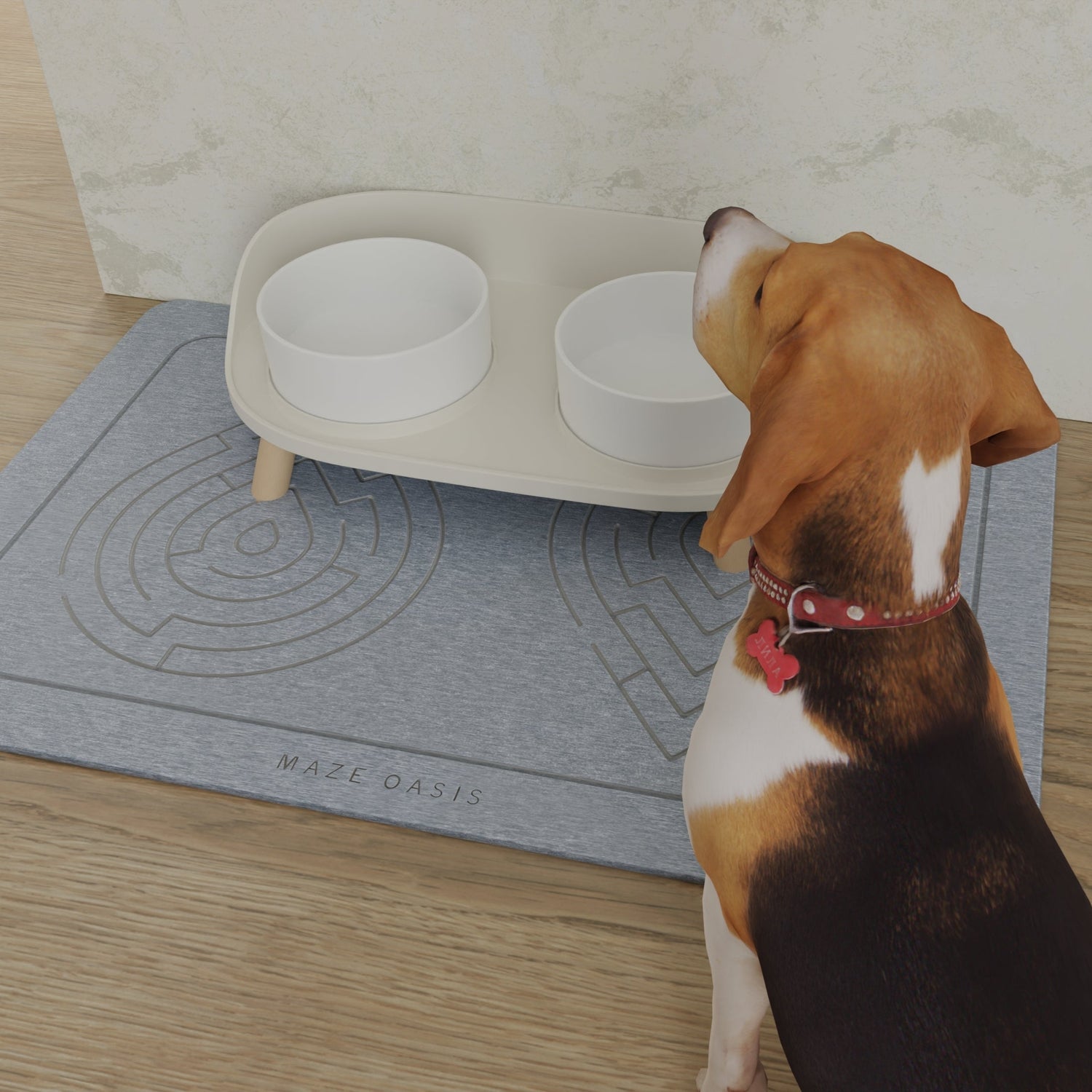Dog standing on a wooden floor with a gray mold-resistant mat and white bowls.